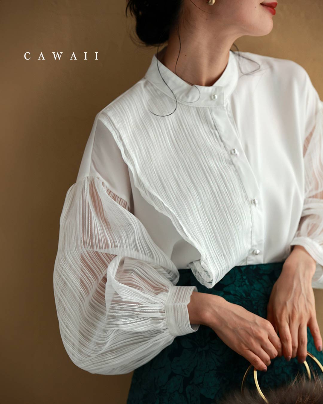 cawaii SからL対応 シアーストライプのアシンメトリーフリルブラウス 