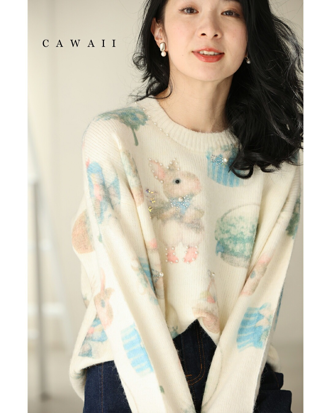 SからL対応 おめかしウサギのふわもちニットプルオーバートップス