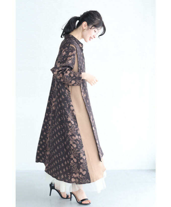 CAWAII Sから2L対応 重ね着風デザインの花柄ロングシャツ CAWAII Sから2L対応 重ね着風デザインの花柄ロングシャツ