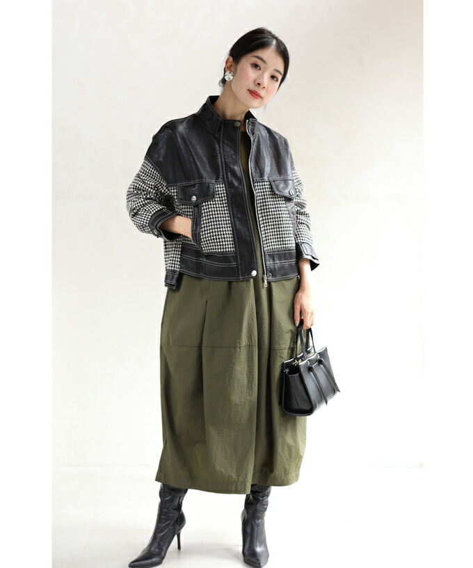 SからL対応 黒 エレガントな千鳥格子を合わせたフェイクレザー 