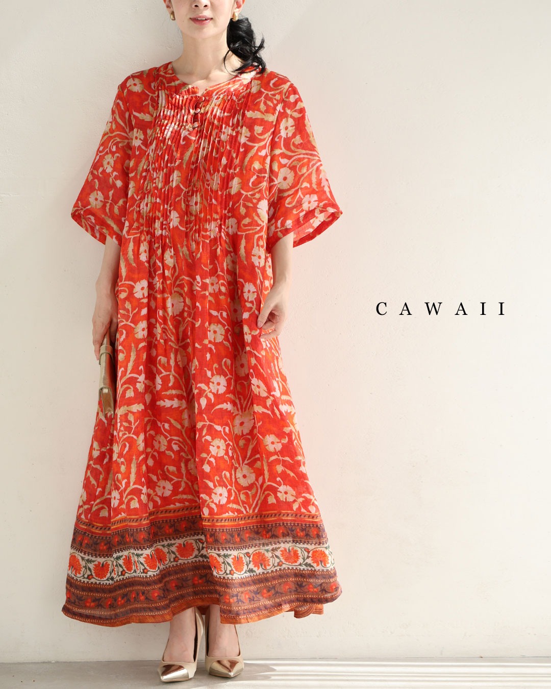 Sから3L対応 さらり涼しいヴィンテージ風フラワーロングワンピース