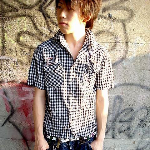 アメカジ メンズ しわ加工 ワッ ペン チェック シャツ 半袖 細身 薄手