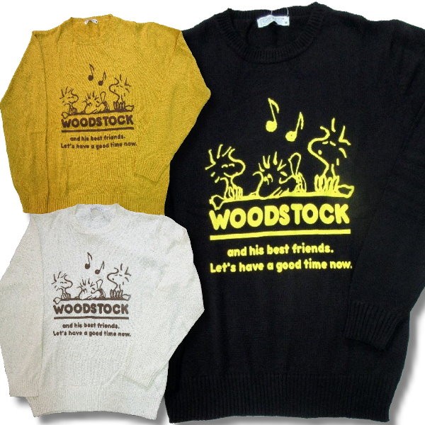 スヌーピー メンズ 長袖 クルーセーター ウッドストック 柄 アメカジ