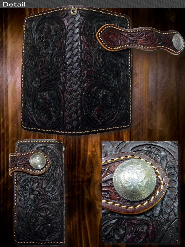 長財布 メンズ 蔦 花 カービング ハンドメイド ウォレット 送料無料