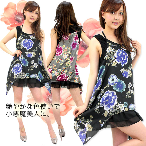 在庫処分セール 花柄 シフォン フラワー チュニック ワンピース