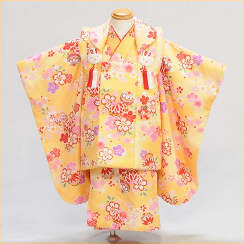 七五三 レンタル 3歳 女の子 被布 山吹まりに桜《身長》90cm前後☆簡単