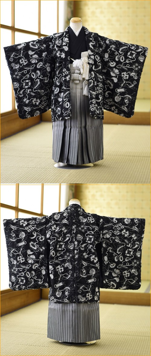 #8-653  (保管品) 七五三  男児  正絹  四つ身着物  黒 七五三(5歳男児袴)5470 (高級正絹) 黒地 鷹刺繍×黒白縞袴 | 着物