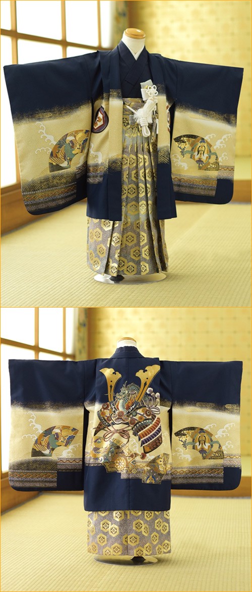 七五三用着物　男の子　5歳 七五三 5歳 男の子 着物 レンタル 紺カブトに字紙《身長》100cm前後