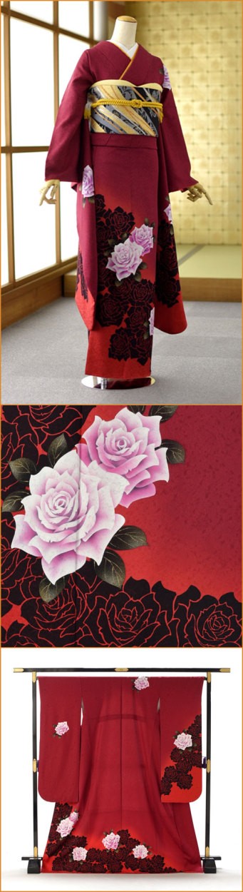 振袖 身長159-174cm 黒ピンク赤薔薇正絹