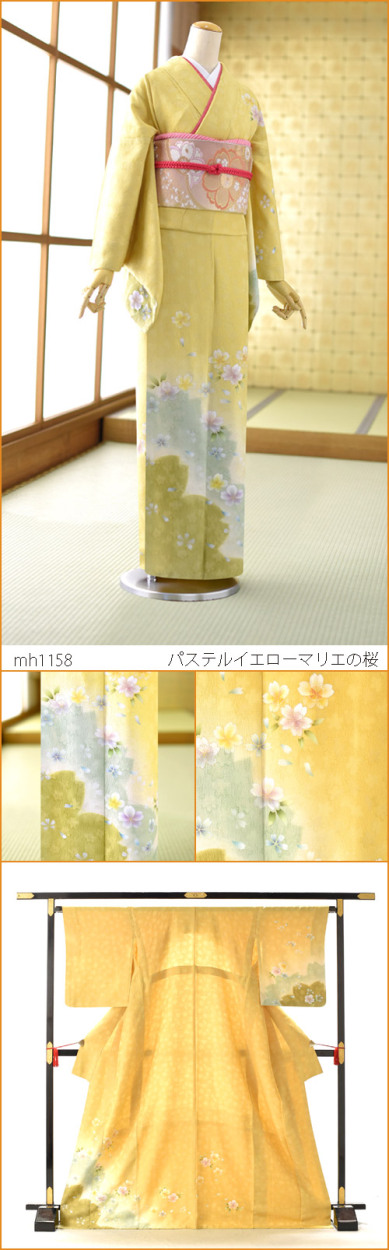 夏用単衣訪問着 パステルイエローマリエの桜 身長162cm〜174cm位 訪問