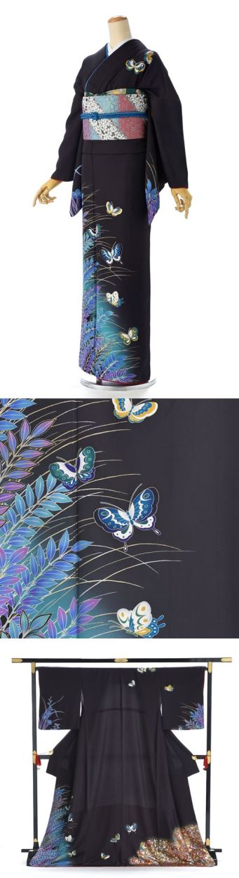 レンタル訪問着 ダークグレー幻想の蝶 広巾 身長 160cm〜176cm位 着物