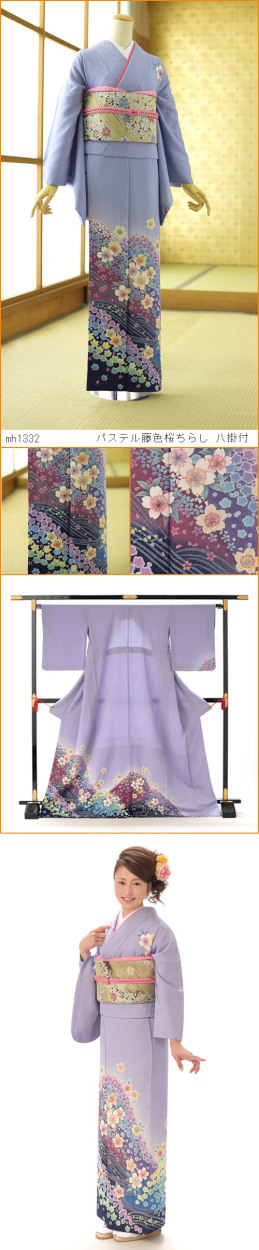 夏用単衣訪問着 パステル藤色桜ちらし 身長 160cm〜174cm位 訪問着