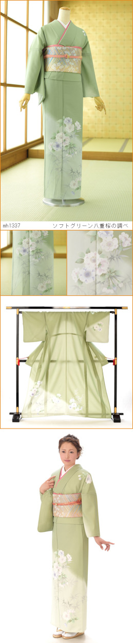 夏用単衣訪問着 ソフトグリーン八重桜の調べ 身長154cm〜166cm位