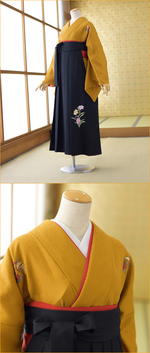 レンタル 女子袴 着物 花紋京無地右近 袴 黒ゆり 95cm 身長
