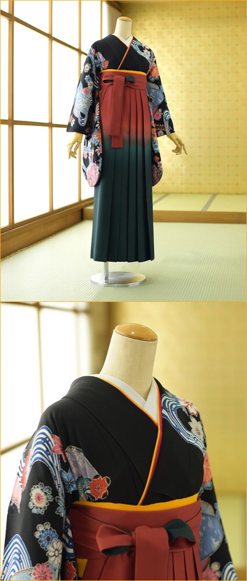 袴 レンタル 卒業式袴 女性 着物 黒地紅型の蝶 朱ぼかしグリーン