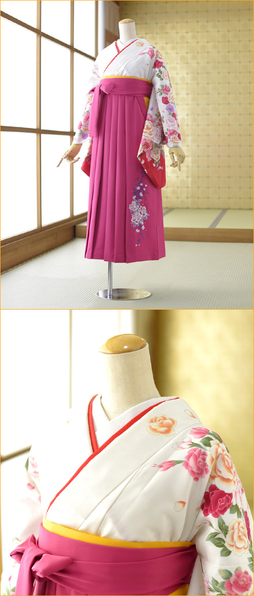 袴 レンタル 卒業式 女子袴 着物 anan白ぼたんばら ピンクバラ刺繍に