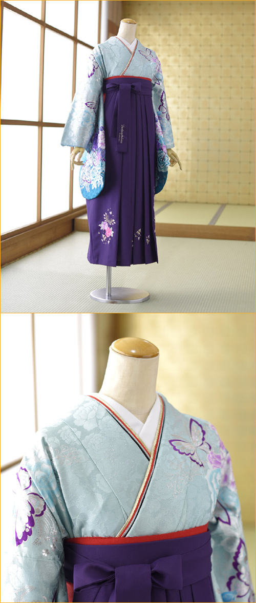 卒業式 レンタル袴 女子 着物 薄グリーン紫蝶にばら 袴 t・f 紫