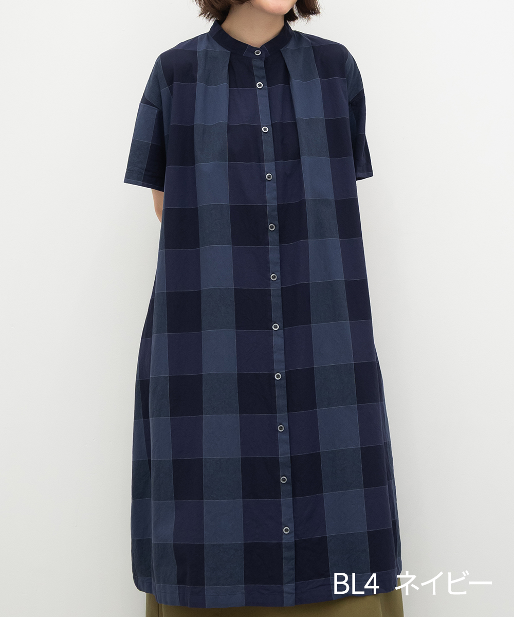 セール◆Sunvalley◆ブロックチェックタックワンピース　ネイビー 再入荷セール◇Sunvalley◇ブロックチェックタックワンピース