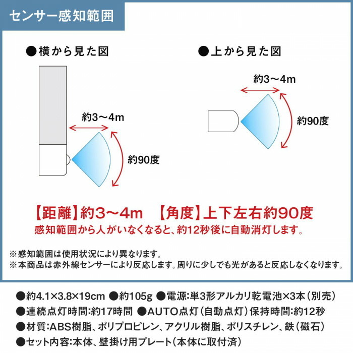 センサー感知距離：約3〜4m、センサー感知角度：上下左右約90度