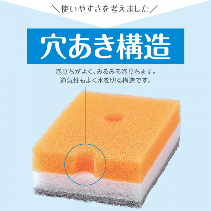 3層カラフルキッチンスポンジ 20個組 洗剤穴付 3層構造 研磨剤入り
