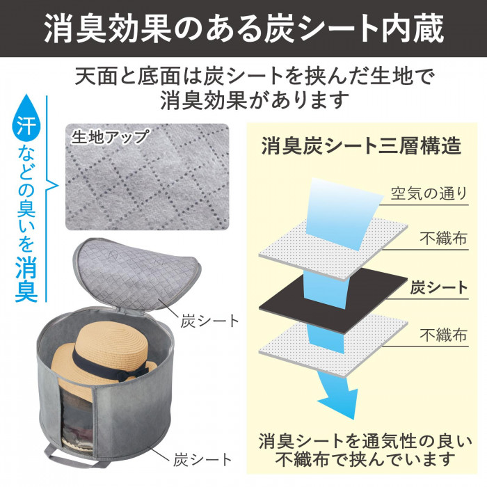 天面・底面に消臭効果のある炭シート内蔵で汗などのニオイを消臭