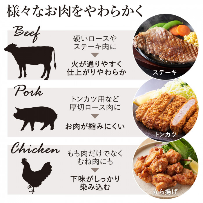 牛肉・豚肉・鶏肉など様々なお肉をやわらかく　ご家庭のお肉料理がワンランクアップ