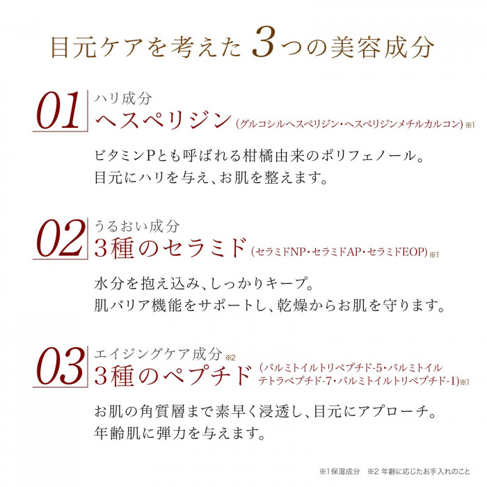ヘスペリジン・セラミド・ペプチドの美容保湿成分で目元を集中ケア