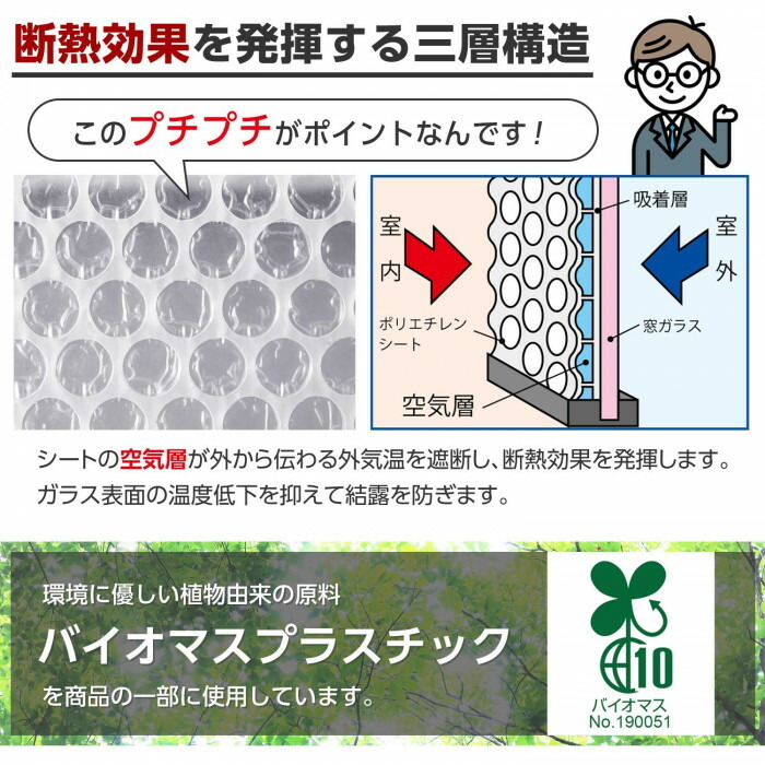 断熱効果を発揮する三層構造・環境に優しいバイオマスプラスチック使用