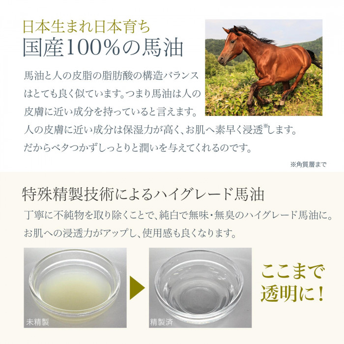 特殊精製技術により丁寧に不純物を取り除いたハイグレード馬油