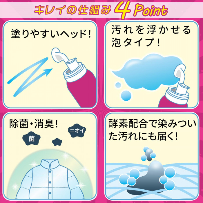 キレイの仕組み　塗りやすいヘッド　汚れを浮かせる泡タイプ　除菌・消臭　酵素配合
