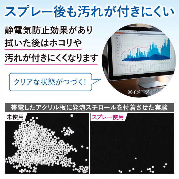 静電気防止効果がありスプレー後はホコリや汚れが付きにくくなる