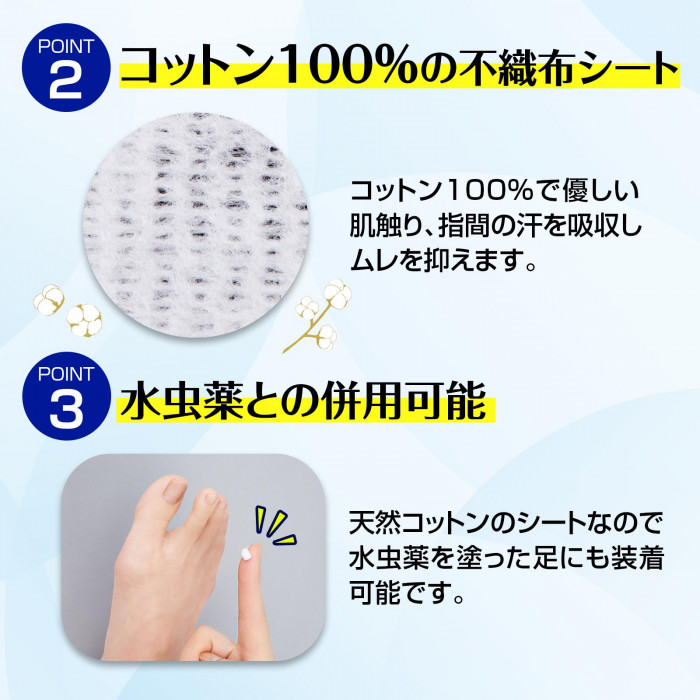 POIN2コットン100%の不織布シート。POIN3水虫薬との併用可能