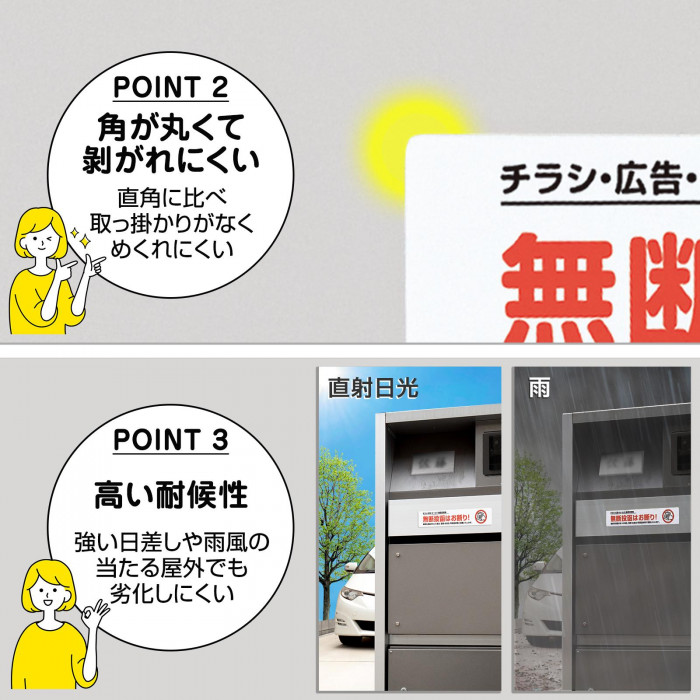 ポイント　角が丸　剥がれにくい　高い耐候性　屋外のポスト　劣化しにくい