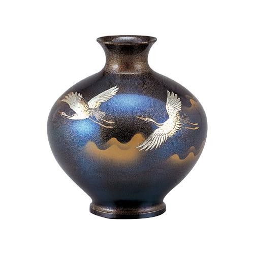 高岡銅器 銅製花瓶　伊井富雄作　福丸形　鶴　95-10 伝統工芸師が作る重厚感あるブロンズ製花瓶 玄関 居間 和室などを華やかに演出してくれます