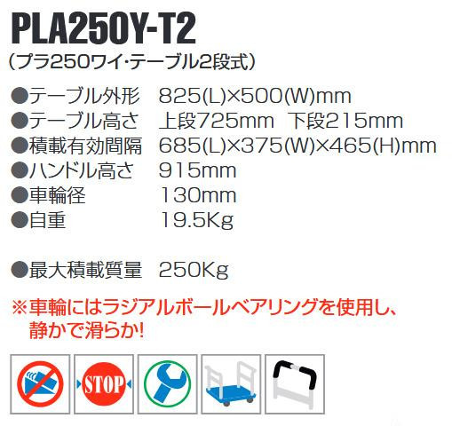 プラスチックテーブル台車 テーブル2段式 最大積載量250kg PLA250Y-T2