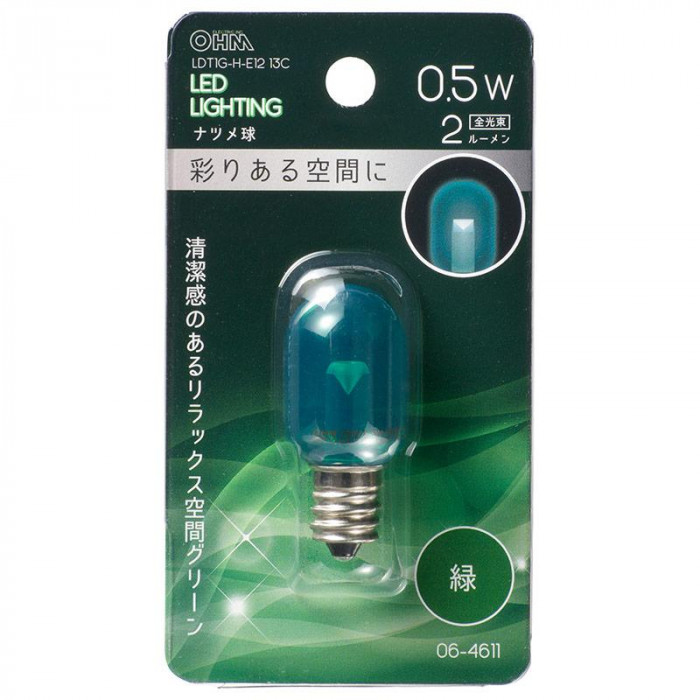 OHM LEDナツメ球装飾用 T20/E12/0.5W/2lm/クリア緑色 LDT1G-H-E12 13C