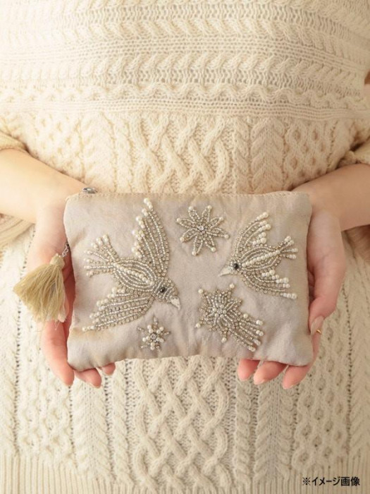 東京かんかん ビーズ鳥刺繍ポーチL ベージュ M42-1681BE : 通販奉行