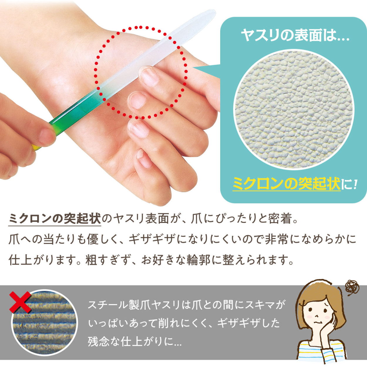 ミクロンの突起状のヤスリ表面が爪にぴったりと密着