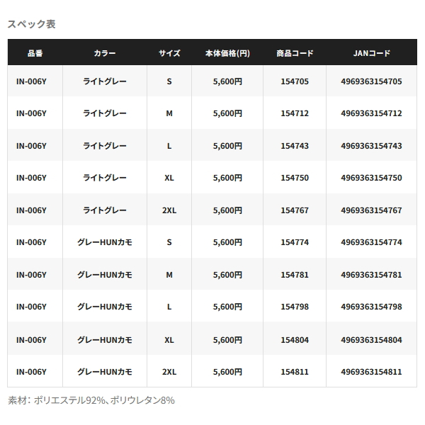 シマノ（SHIMANO） （26年3月新商品） サン プロテクション インナー