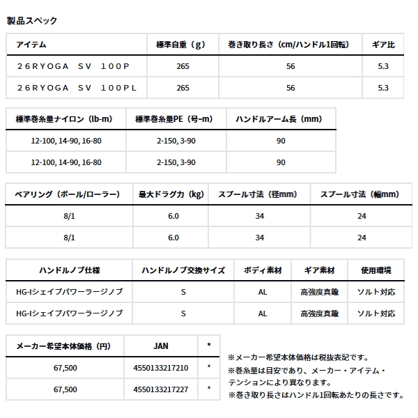 DAIWA（ダイワ） （25年12月新商品） 26 リョウガ SV 100P（右