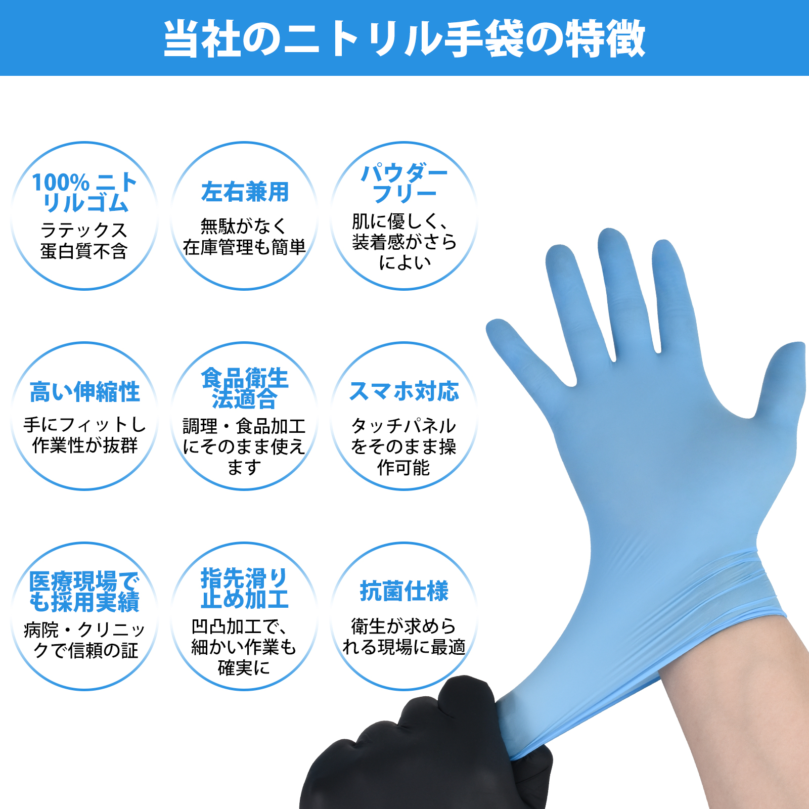 ニトリル手袋 高品質 厚手 100枚×10箱 純ニトリル素材使用 使い捨て