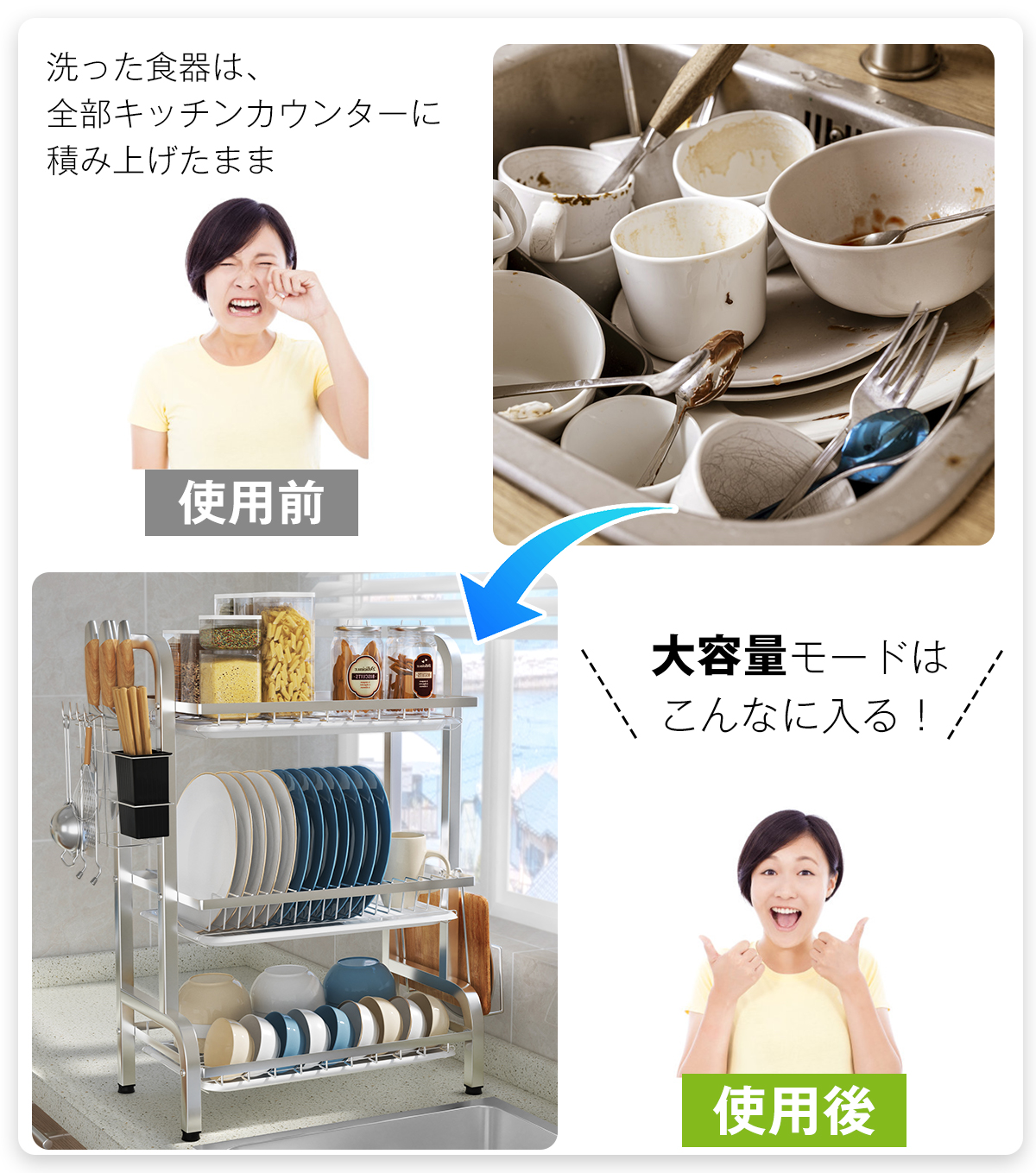 水切りラック 2段/3段 ステンレス 水切りかご 大容量 食器 水切り 省