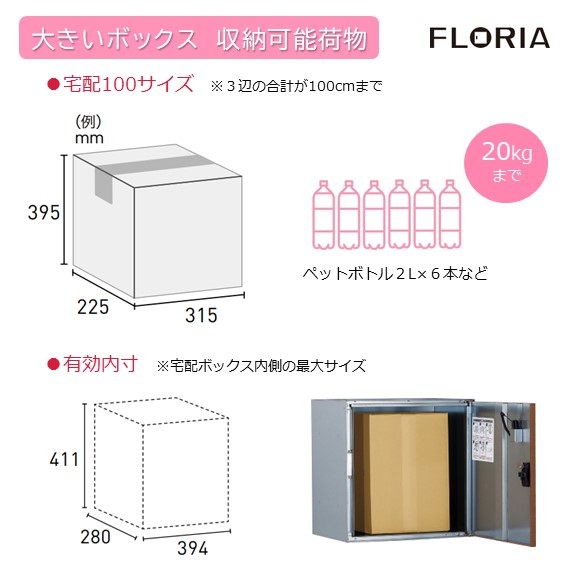 大きいボックスの収容可能荷物は宅配サイズ100（段ボール3辺の合計が100cm）まで、重量は20kgまで