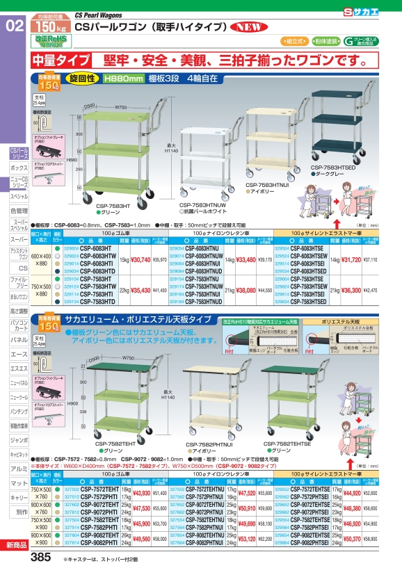 CSパールワゴン(軽量・天板付・ハイタイプ取手) CSP-7582LVHTW 【お届け先が法人か個人事業主様限定・キャンセル不可】※一部地域「送料別」
