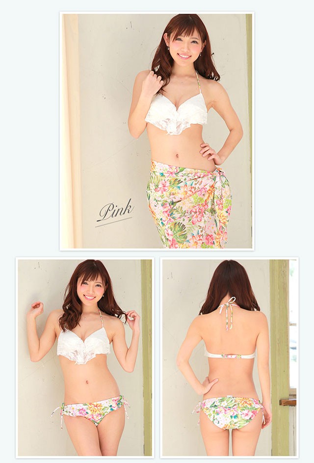 水着レディース 体型カバー セット ビキニ 花柄×レースフリル