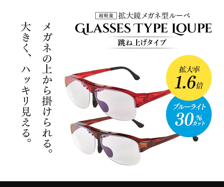 跳ね上げメガネ式拡大鏡 1.6倍 メガネ型ルーペ 跳ね上げ式 ブルー