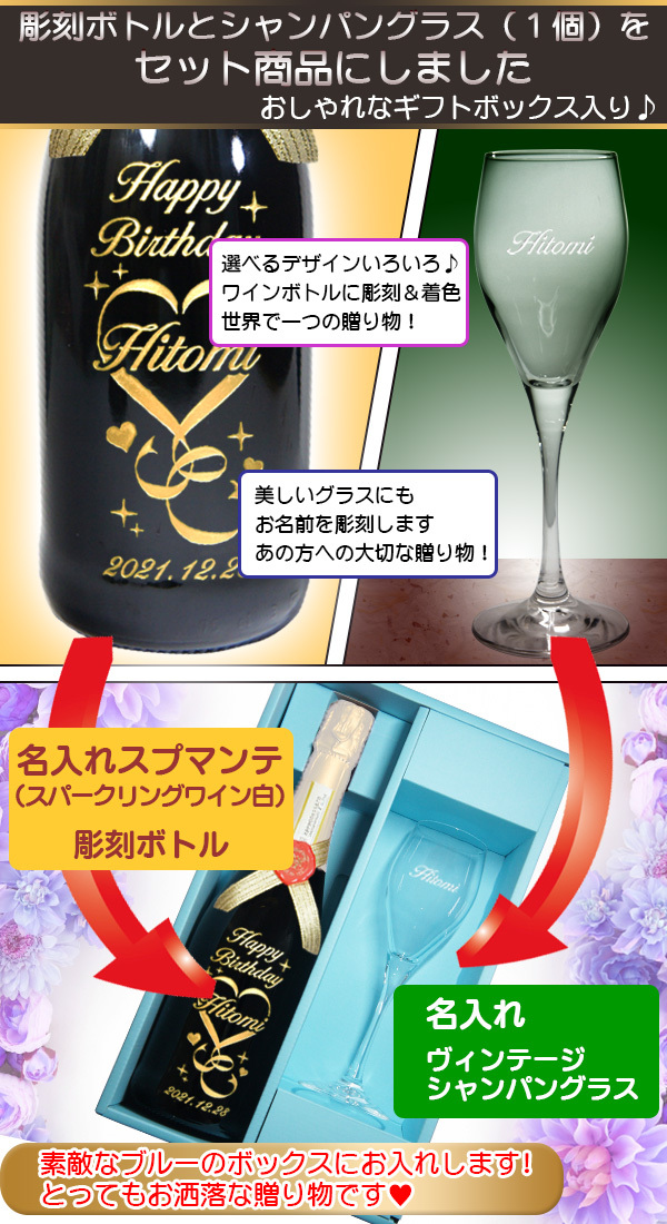 ワインギフト 名入れ スパークリング ワイン 泡 白 ＆ ヴィンテージ シャンパングラス 誕生日プレゼント 女友達 甘口 スプマンテ ネーム入り  :spumante2-vintage:名入れギフト ふくふくクリエイト 通販 