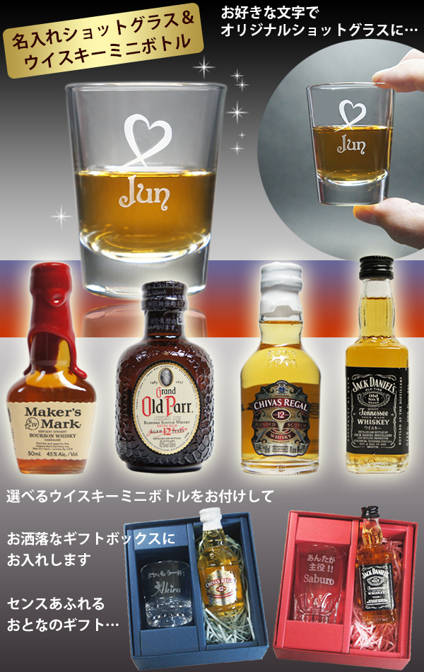 名入れ ショットグラス＆ウイスキー ミニボトル　イメージ