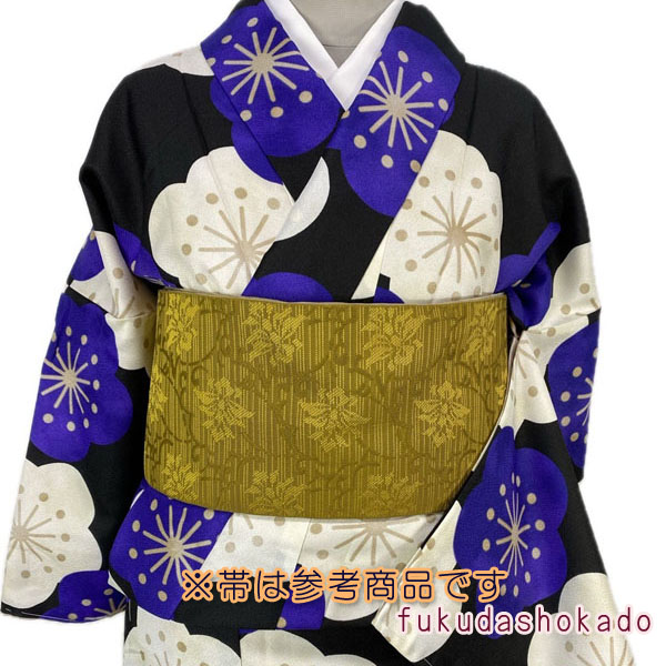 BLサイズ着物 kjk23-7 黒地 白ブルー梅 花 洗える着物 ポリエステル