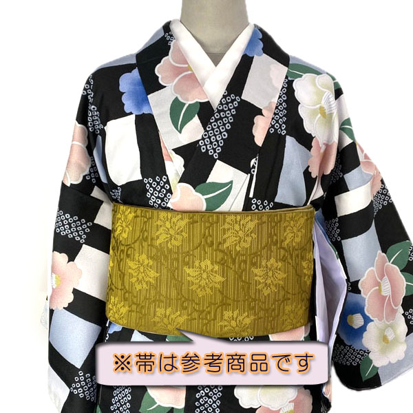 専用出品　着物のみです ワンタッチ着物 Sサイズ kjwk20-8s 白黒 市松 青ピンク椿 巻くだけ簡単